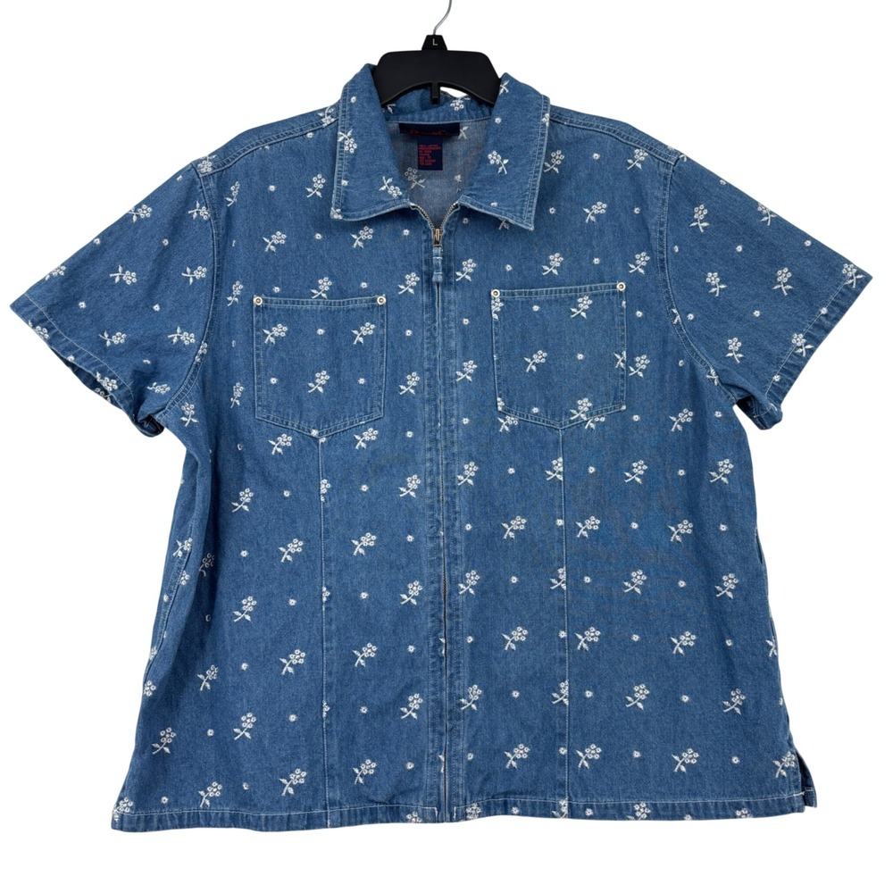 Denim & Co Floral Embroidered Denim Shirt Zip Front Size 1X Blue Short Sleeve